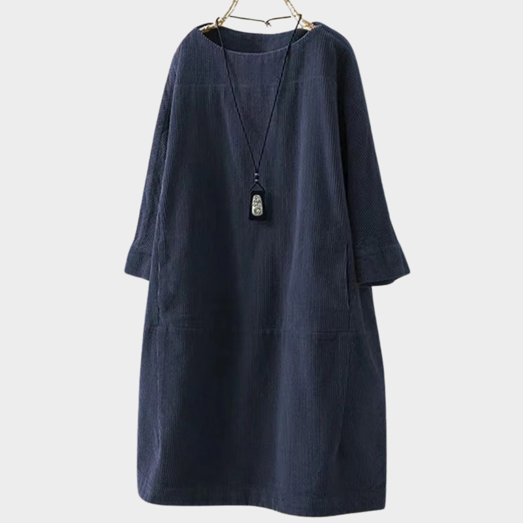 Women Retro Corduroy Dress – Loose Fit Long Sleeve with Round Neck – Solid Colour Vintage Style Comfortable Elegance – Multiple Colours