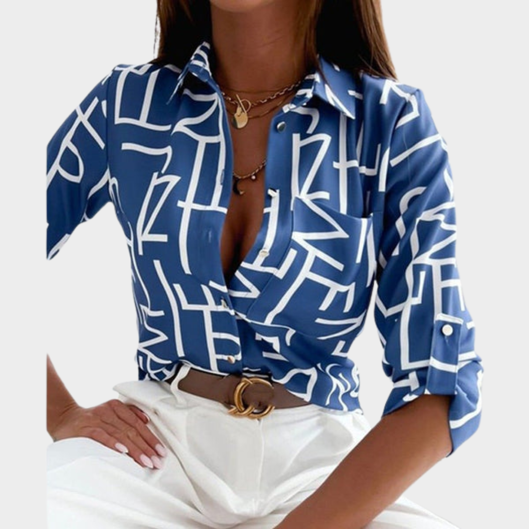 Women's Elegant Long Sleeve Blouse – Turn-Down Collar – Slim Fit – Vintage Printed Shirt – Multiple Colours