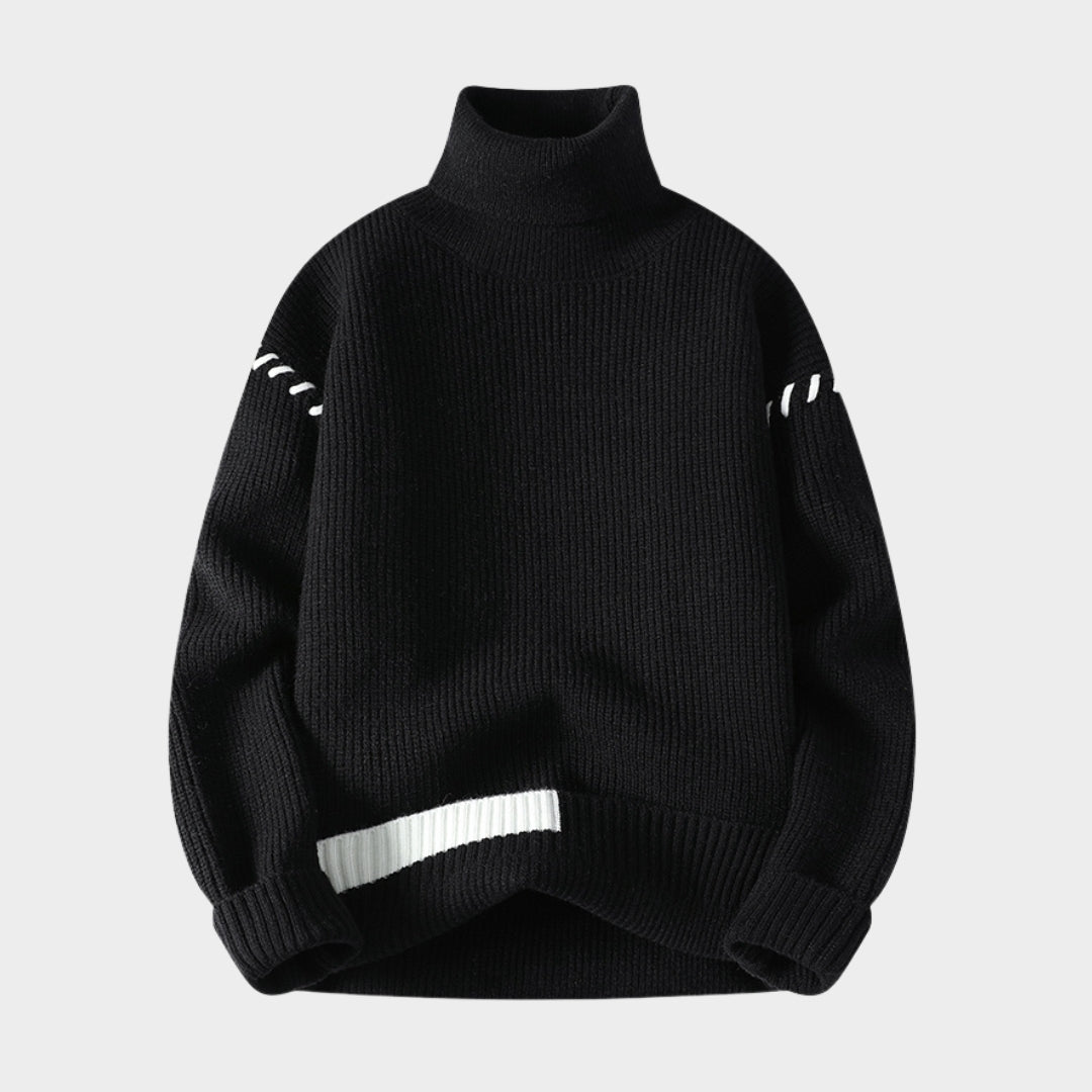 Men's Turtleneck Sweater - Loose Casual Knit Pullover with Patchwork Design (Black, Green, and More)