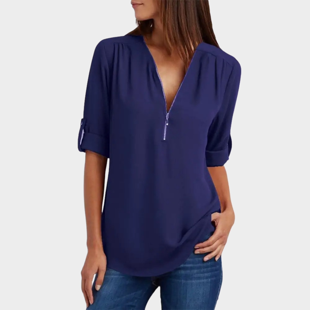 Women’s Loose Fit Chiffon Blouse – Zipper V-Neck – Half Sleeve Lightweight Shirt – Multiple Colours