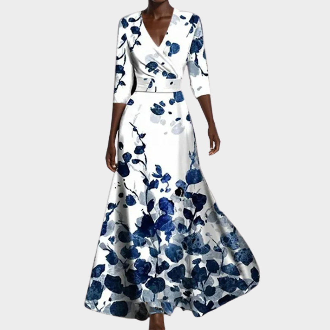 Women's V-Neck Maxi Dress – Short Sleeve – Printed – Blue