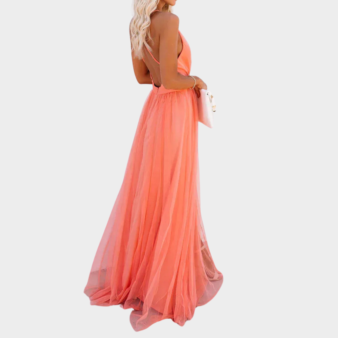 Women’s Sleeveless V-Neck Midi Dress – Backless Design with Elegant Slim Fit – Lightweight Comfortable Fabric – Orange