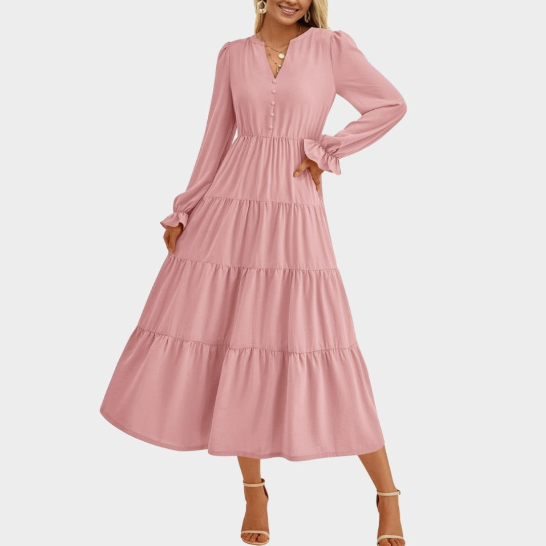 Women’s High-Waist A-Line Dress - V-Neck, Layered Ruffles, Button Embellished, Long Sleeve, Wine, Black, and More