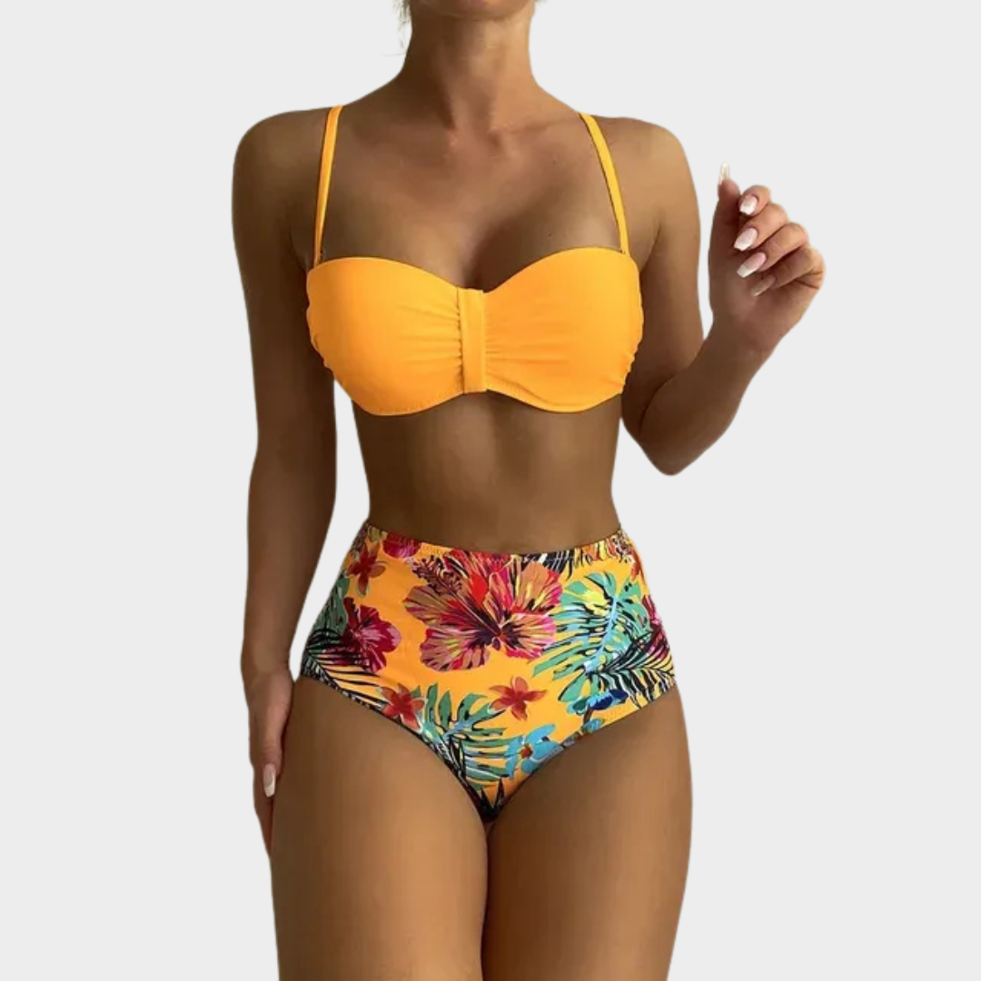 Women Two-Piece Bandeau Bikini – High Waist Tropical Print Push-Up Swimwear – Strapless Bathing Suit Set – Multiple Colours