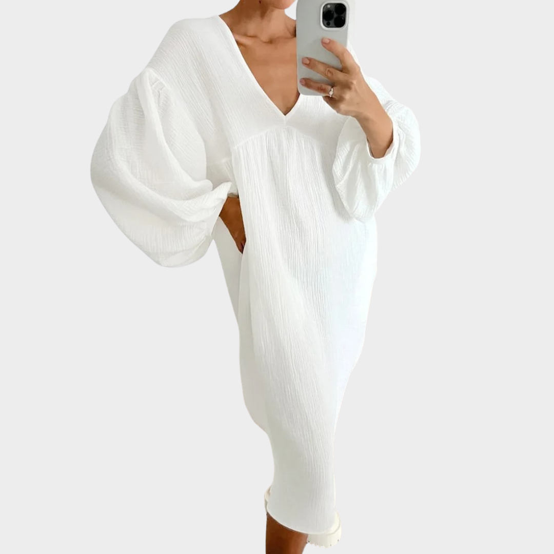 Women’s Long Sleeve Cotton Dress – Loose Fit A-Line Midi Style – Soft Lightweight Fabric – Multiple Colours