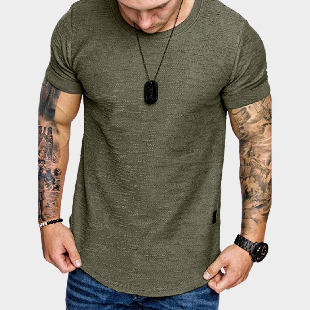 Men's Round Neck T-Shirt - Short Sleeve - Solid Colour with Leather Label - Casual & Stylish