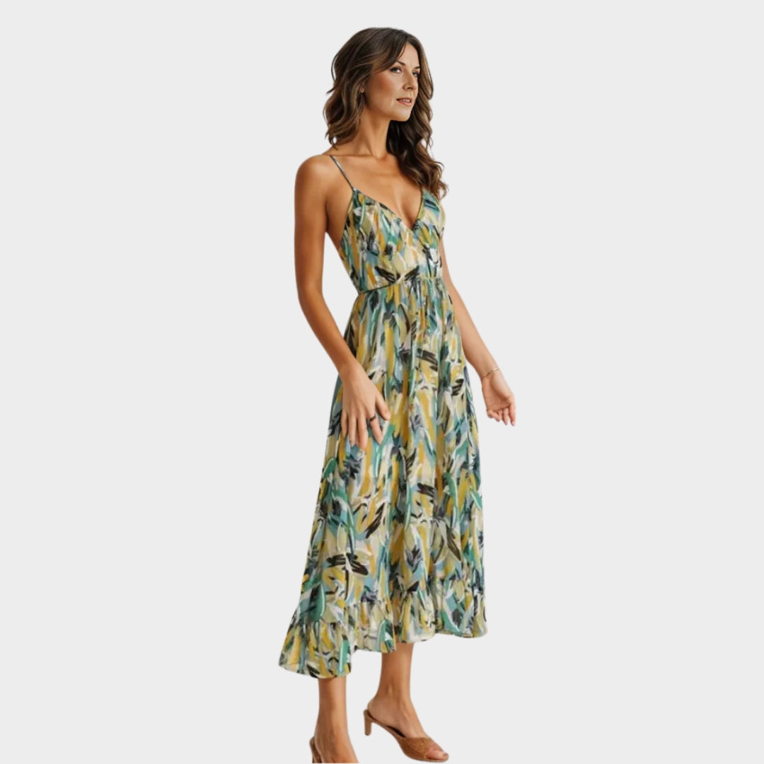 Women's Loose-Fit Slip Dress - V-Neck Spaghetti Straps - Colorful Print - Summer Dress - Green & Orange