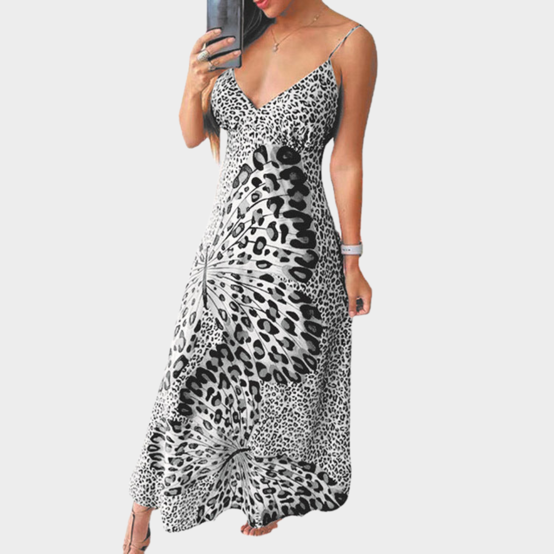 Women's Maxi Dress – Leopard & Butterfly Print – V-Neck Corset – Sleeveless – Multiple Colours