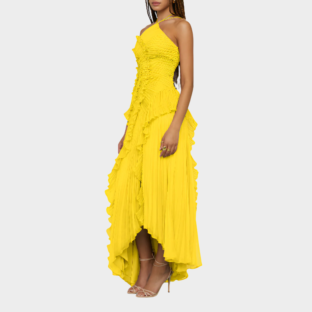 Women Pleated Frill Halter Neck Maxi Dress – Elegant Sleeveless High Stretch Dress with Asymmetrical Hem and Flowing Pleated Texture – Multiple Colours
