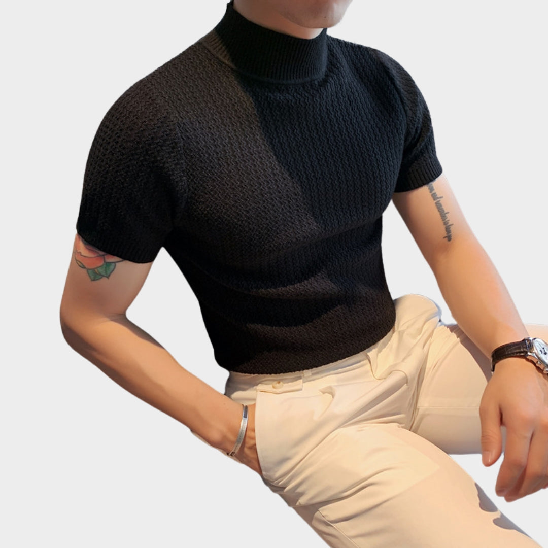 Men’s Short Sleeve Knitted Sweater – Slim Fit Half High Neck Pullover, Black, White, Blue