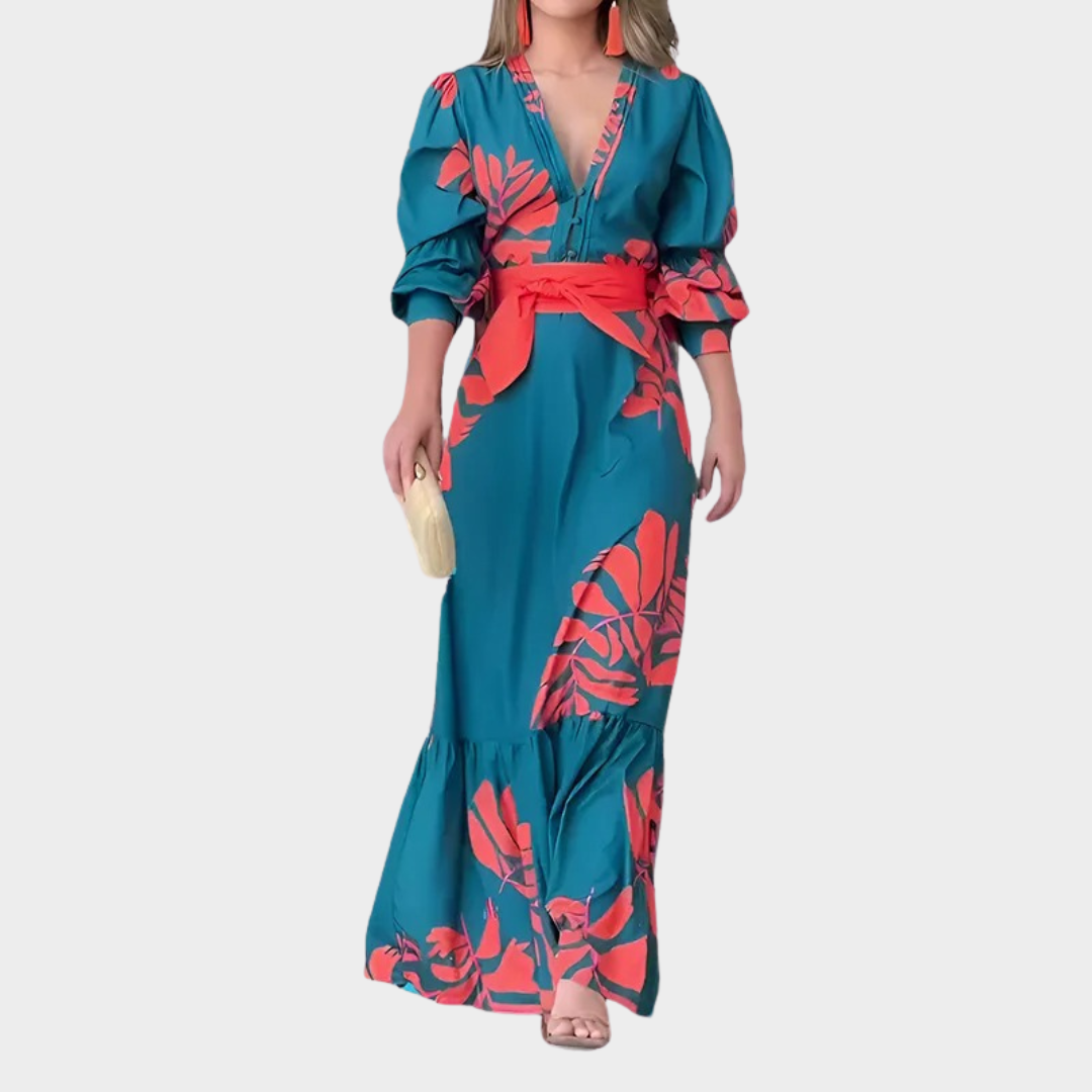 Women's Elegant Print Dress – Long Puffy Sleeve – Lace-Up Waist – Blue