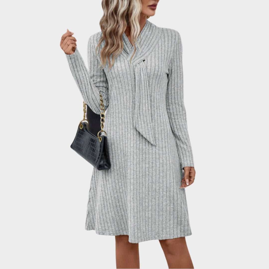 Women’s Grey Long Sleeve Knitted Dress – Close-Fitting Waist, Elegant, Feminine Autumn Winter Wear