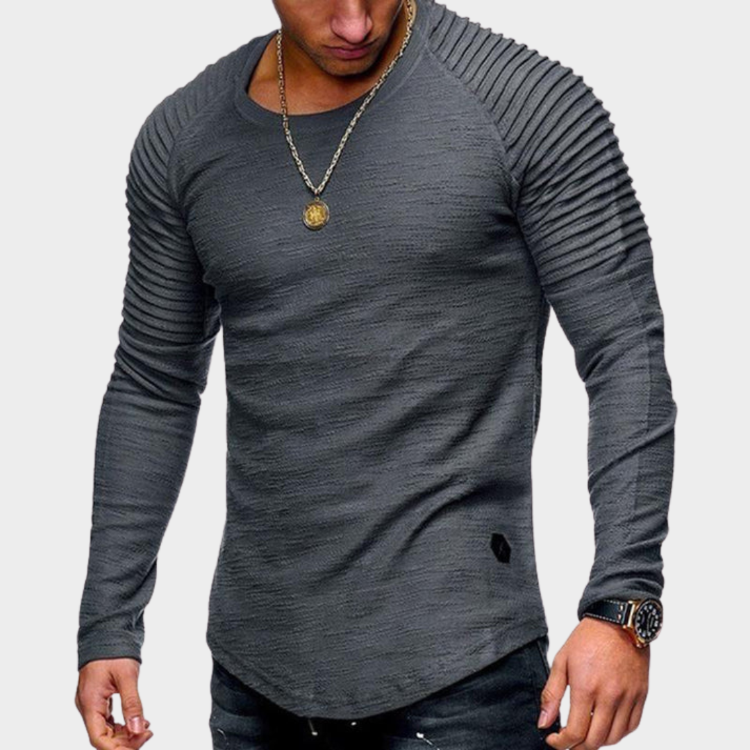Men's Slim Fit Long Sleeve T-Shirt – Round Neck – Shoulder Pleated Design – Multiple Colours