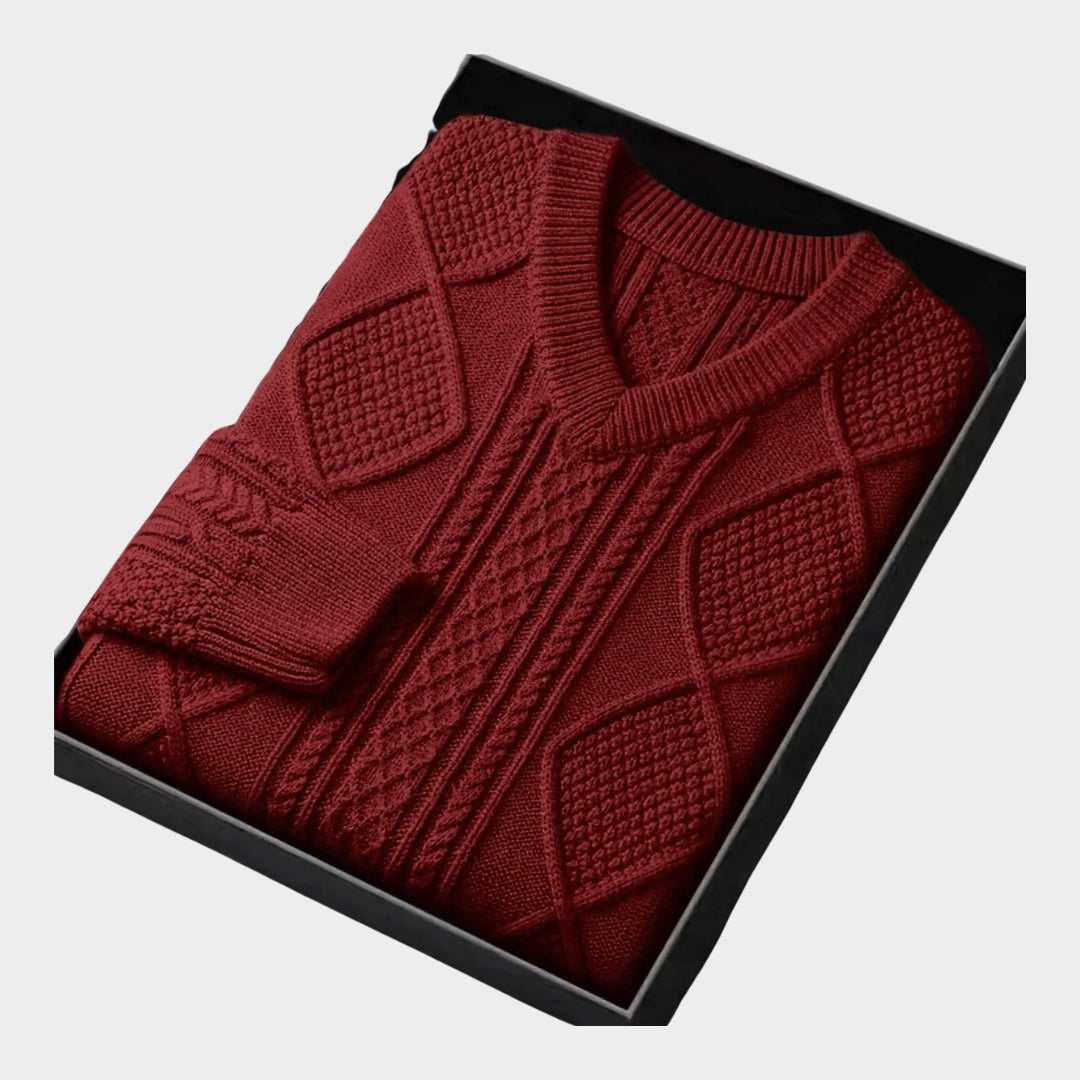 Men's Jacquard Pullover Sweater – Chicken Heart Neck, Long Sleeve, Casual Thickened Knitwear (Navy Blue, Khaki, and More)