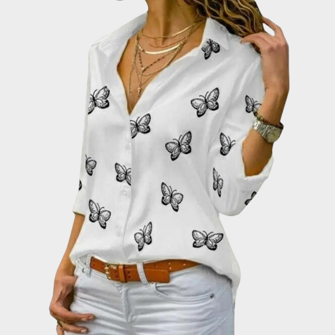 Women’s Oversized Blouse – Butterfly Print Long Sleeve Shirt – Turn-Down Collar – Loose Fit – Lightweight Fabric – Multiple Colours