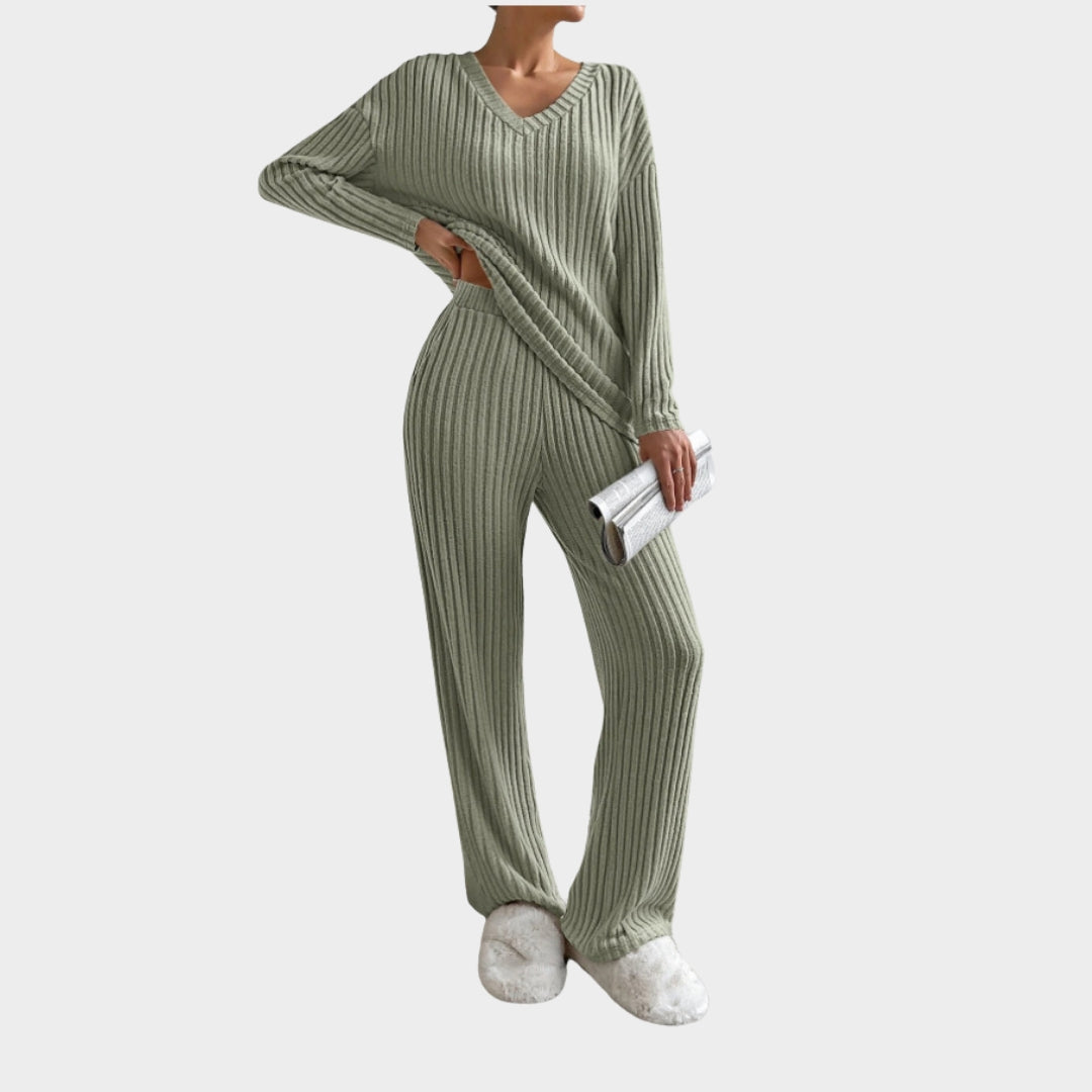Women's Knitted Two-Piece Set - V-Neck Top & Straight-Leg Trousers - Soft & Comfortable - Multiple Colours
