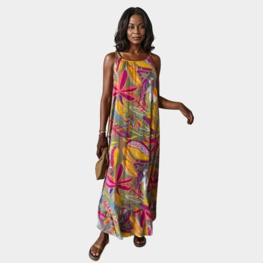 Women's Sleeveless Maxi Dress – Bohemian Floral Print Summer Beach Dress (Light Purple, Yellow, Pink, and More)