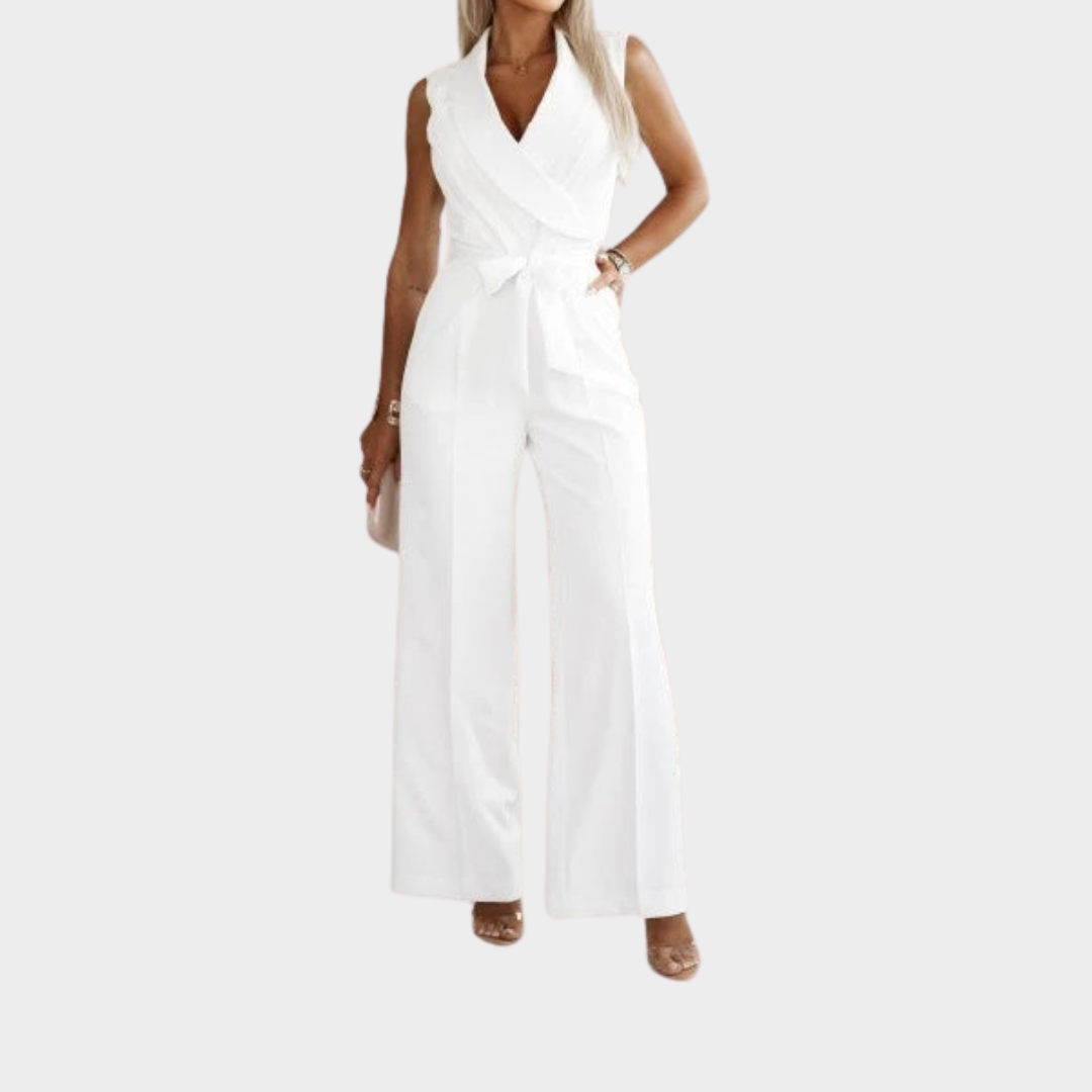 Women’s Elegant Sleeveless Jumpsuit – V Neck Belted Wide Leg – Multiple Colours