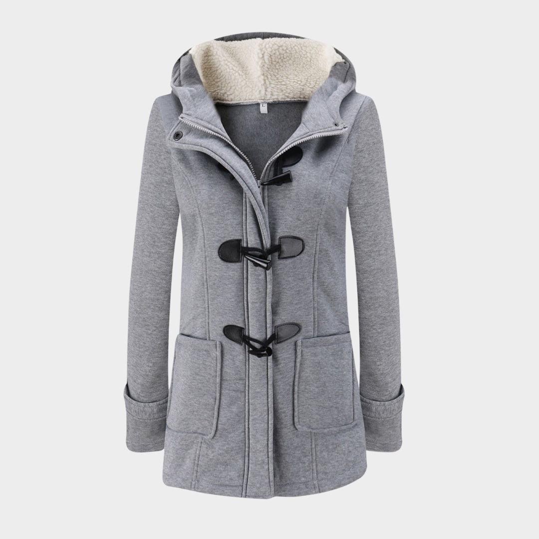Women Warm Mid Length Hooded Coat – Horn Buckle Long Sleeve Outerwear – Multiple Colours