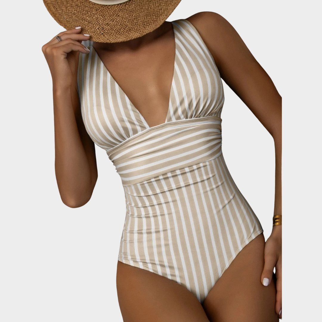 Women One Piece Swimsuit – V Neck Bodysuit Fit with Striped Print – Supportive Design – Soft Stretch Fabric – Multiple Colours