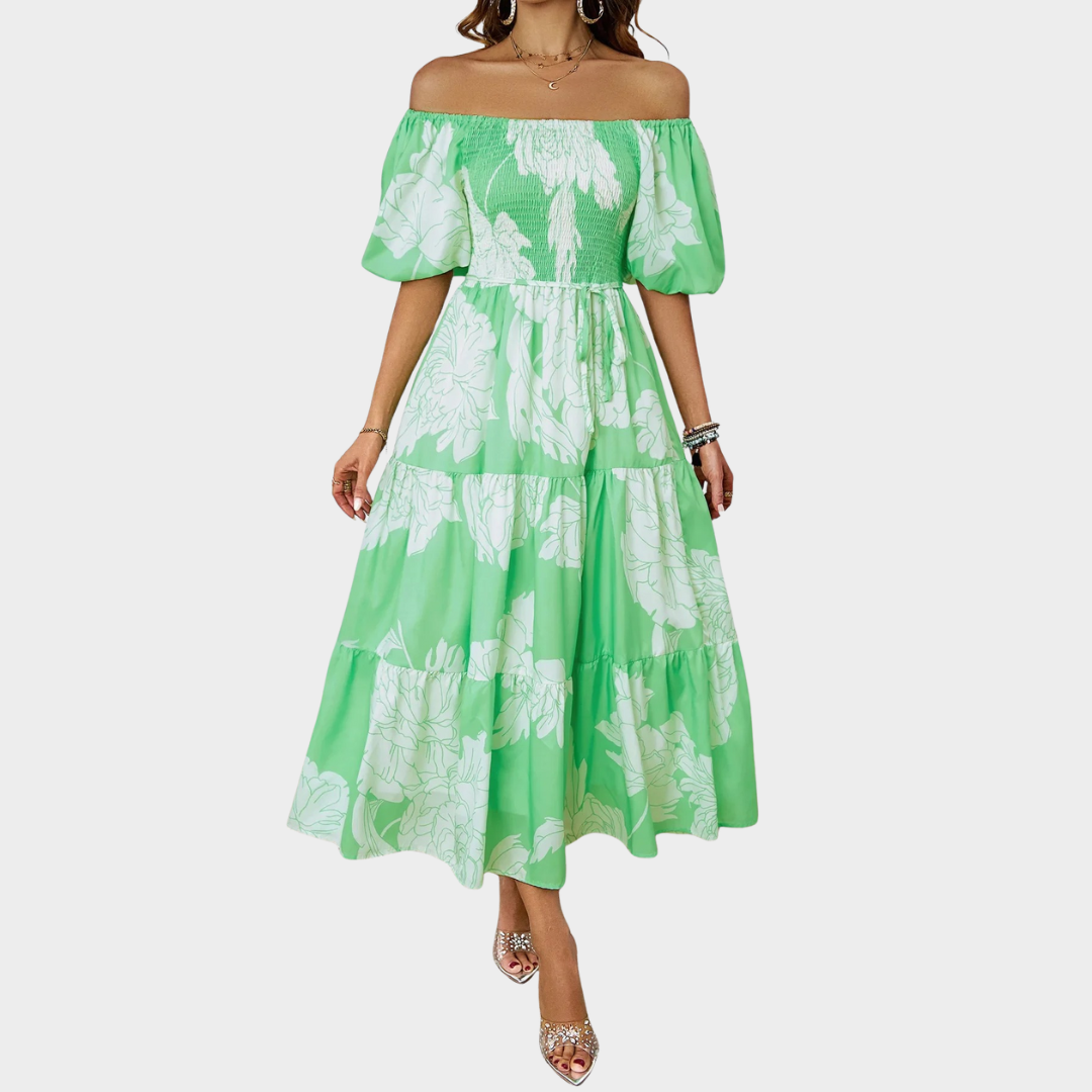 Women Backless Maxi Dress – Floral Print Slash Neck Puff Sleeve Fit – Multiple Colours