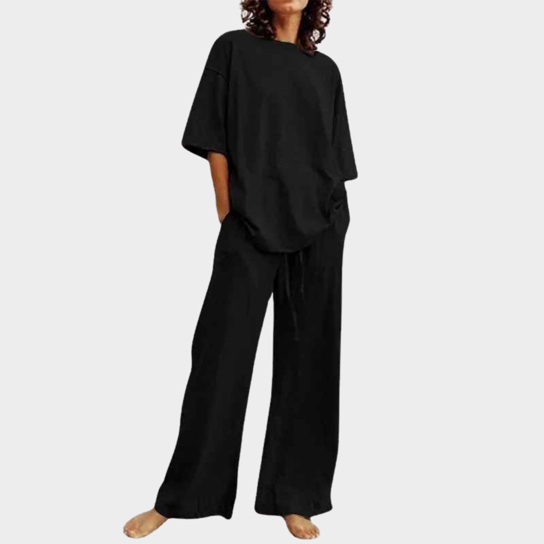 Women Two Piece Set – O-Neck Half Sleeve Belted Top with Pockets and Bell Bottom Trousers Cotton Blend – Multiple Colours