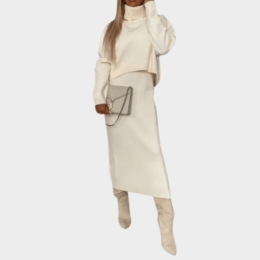 Women’s High Neck Knitted Two-Piece Set - Solid Color Skirt & Top, Autumn Winter, White, Grey, Camels