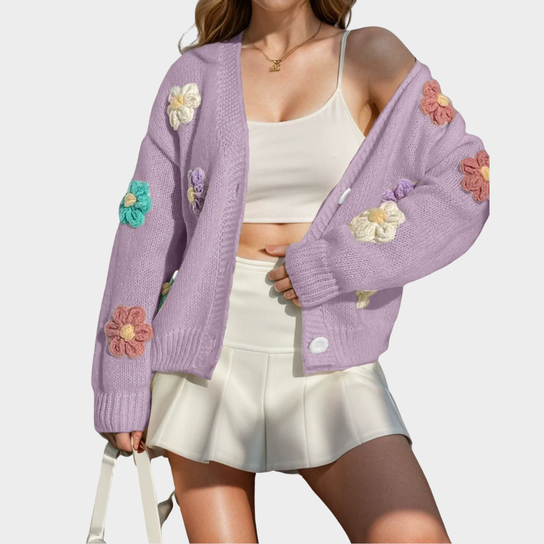 Women’s Knit Cardigan – Oversized Fit with Handmade Floral Accents and Button Front – Multiple Colours