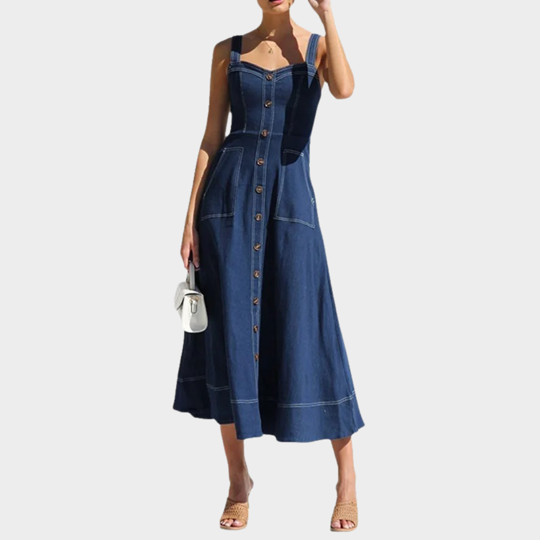Women’s Sleeveless Button Denim Dress – Casual Distressed Suspender Dress – Adjustable Straps – Blue