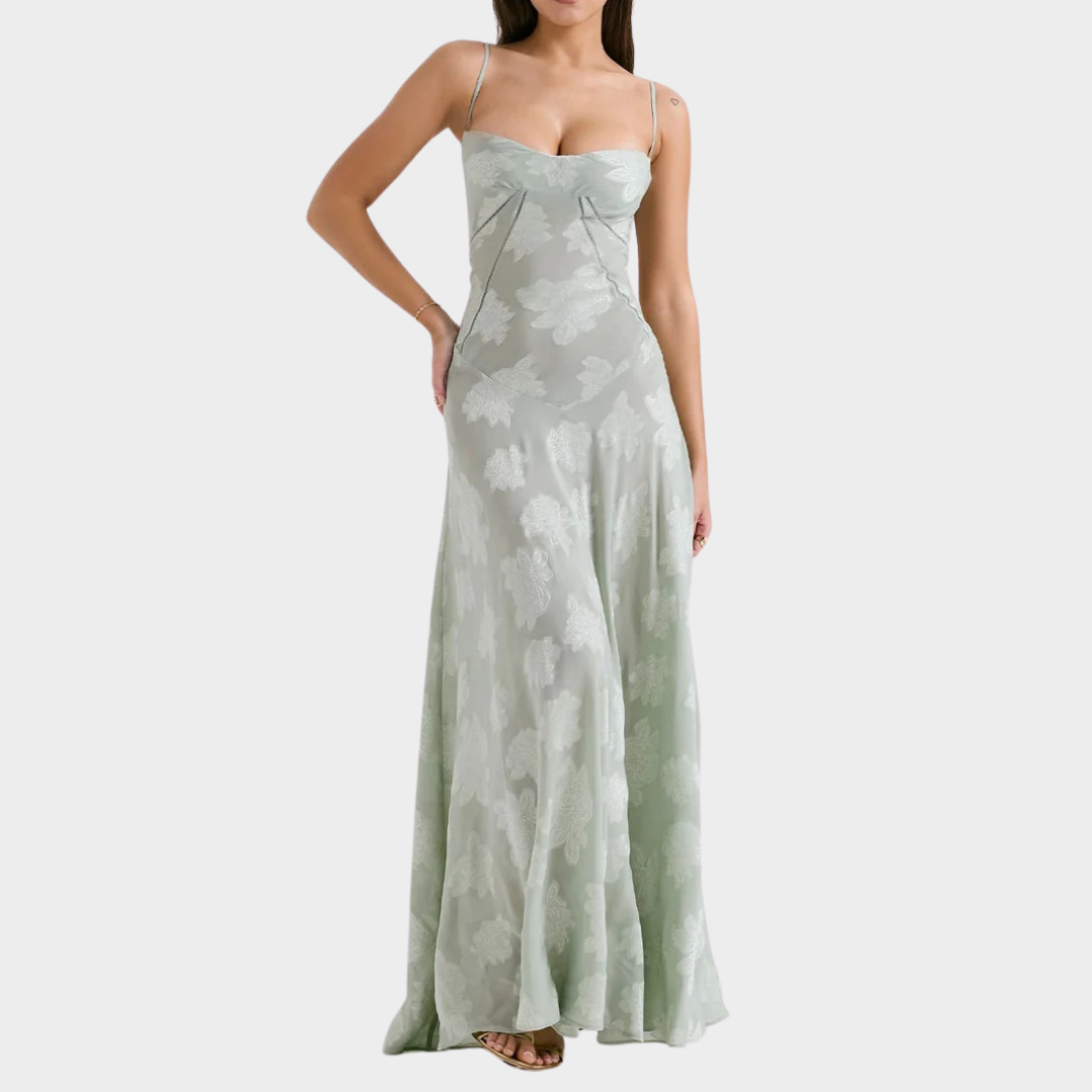 Women’s Formal Maxi Dress – Spaghetti Strap Embroidered Mesh Overlay – Elegant Fit for Events – Sheer Detailing – Multiple Colours