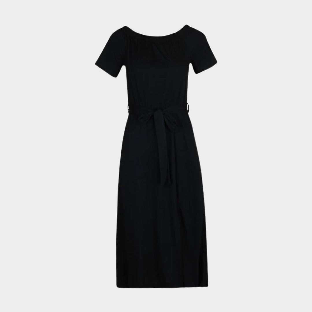 Women’s Short Sleeve Slash Neck Dress – Slim Casual Fit with Solid Colour Style – Soft Stretch Fabric – Black