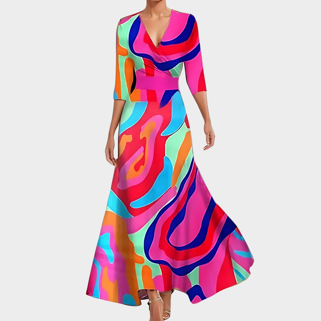 Women's V-Neck Maxi Dress – Short Sleeve – Printed – Multicolour