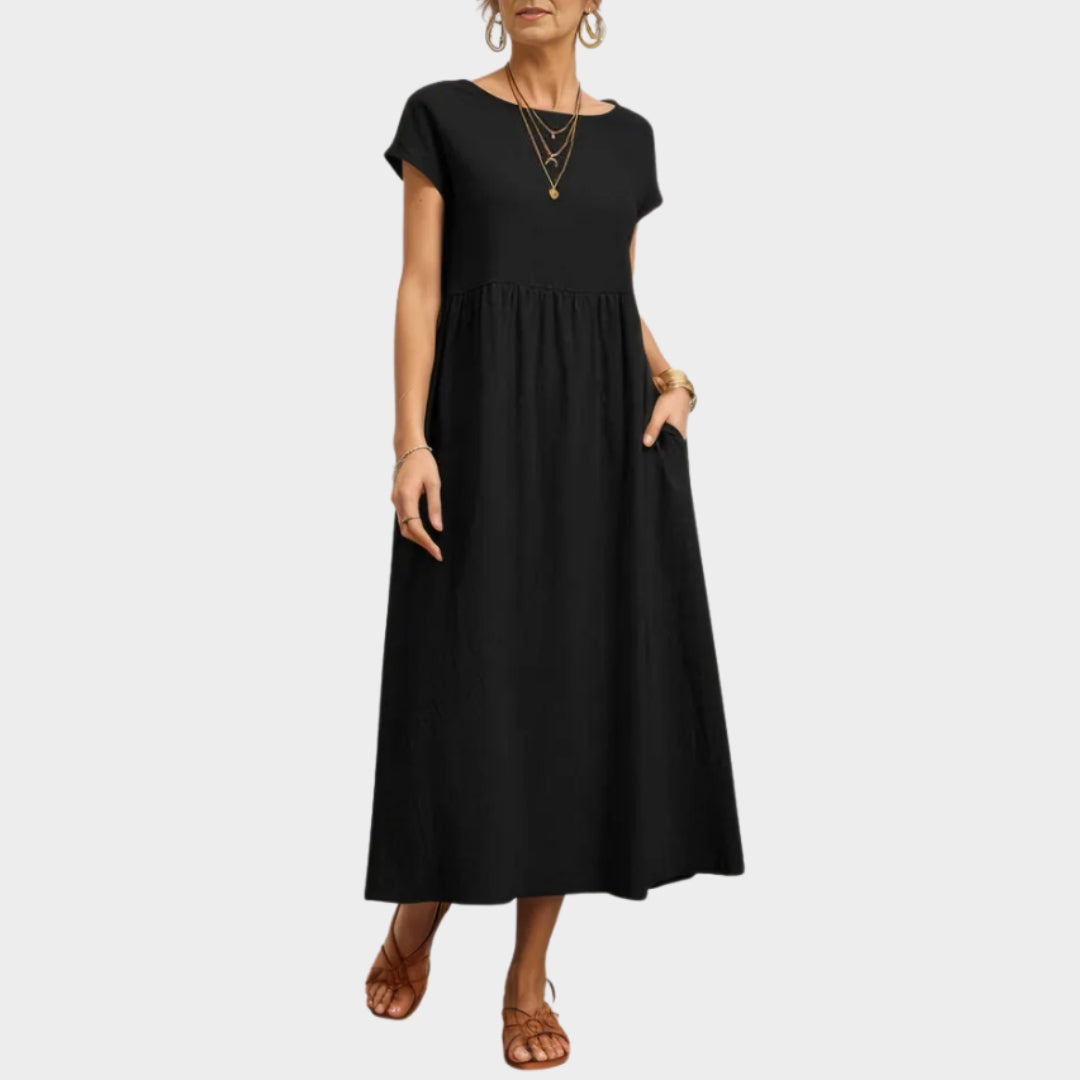 Women's Long Cotton-Linen Dress O-Neck Relaxed Fit Vintage Sun Dress - Multiple Colors