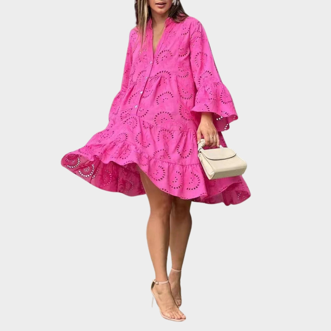 Spring Summer Women’s V-Neck Lace Dress – Solid Color, Embroidered, Hollow Design, Casual Loose Fit