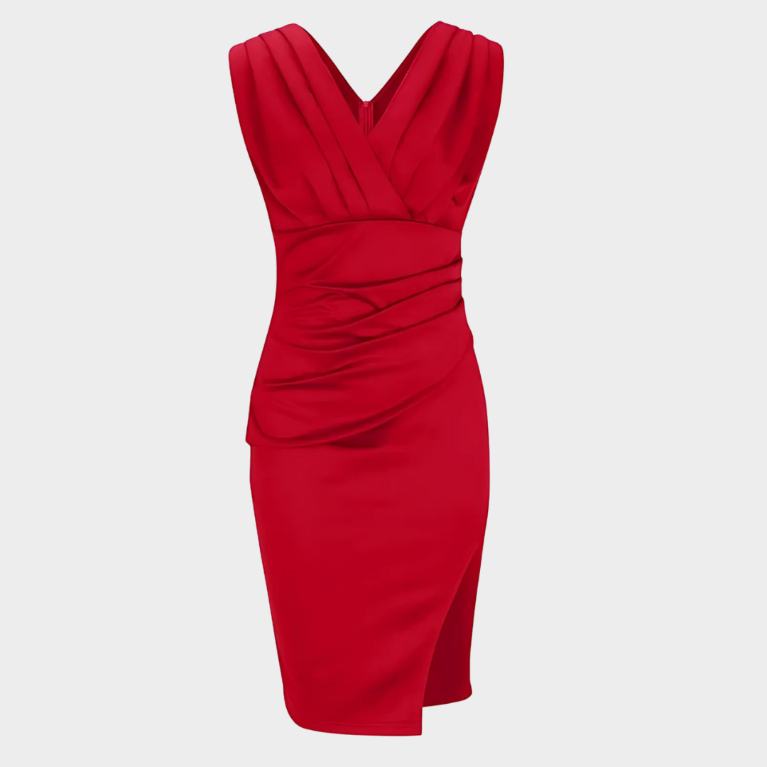 Women's V-Neck Slim Fit Dress – High Waist Pleated – Sleeveless Split Hem Gown – Elegant Evening Wear – Multiple Colours