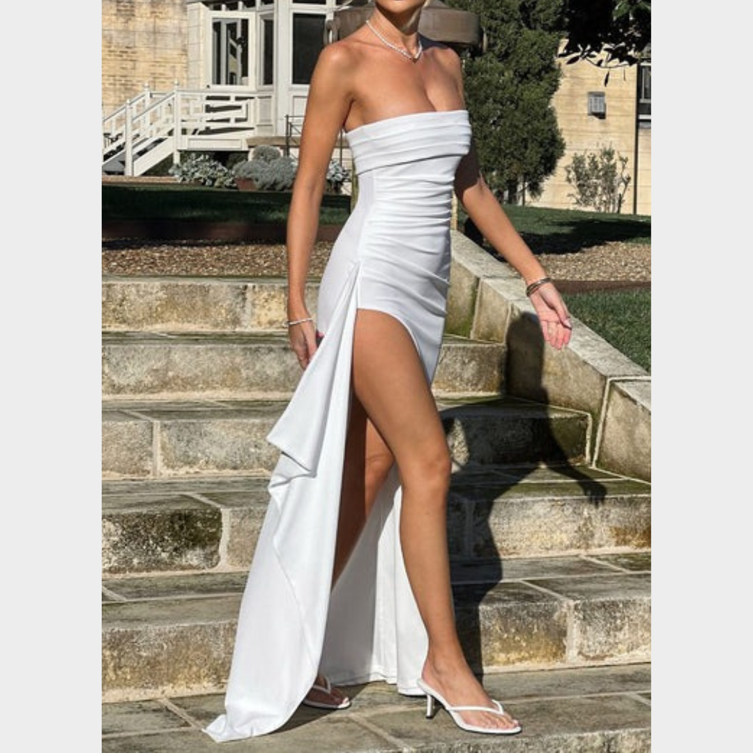 Women’s Maxi Dress – Strapless Bodycon Fit with Pleated Bust, Thigh High Split and Draped Detail in Luxury Stretch Crepe – Multiple Colours