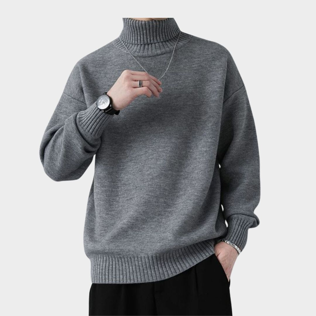 Men's High Collar Turtleneck Knitted Sweater - Warm Fleeced Cashmere Pullover in Solid Multiple Colours