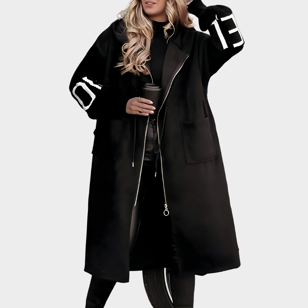 Women's Long Hooded Coat – Patchwork Knitted Sleeves – Drawstring Waist – Warm & Stylish – Multiple Colours