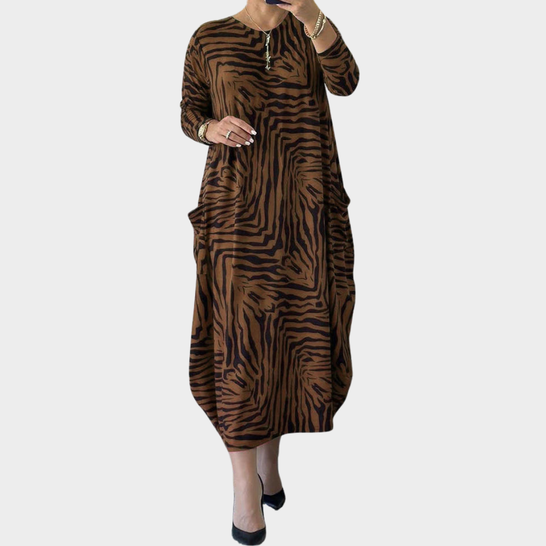 Women's Maxi Dress – Long Sleeve O Neck – Leopard Print – Ankle Length with Pockets – Multiple Colours