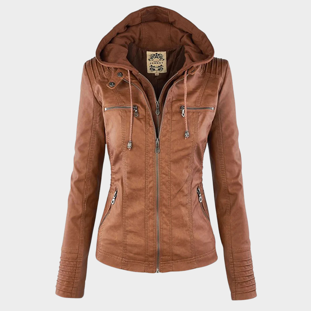 Women’s Faux Leather Jacket – Motorcycle Style – Zip Closure – Hooded Design – Multiple Colours