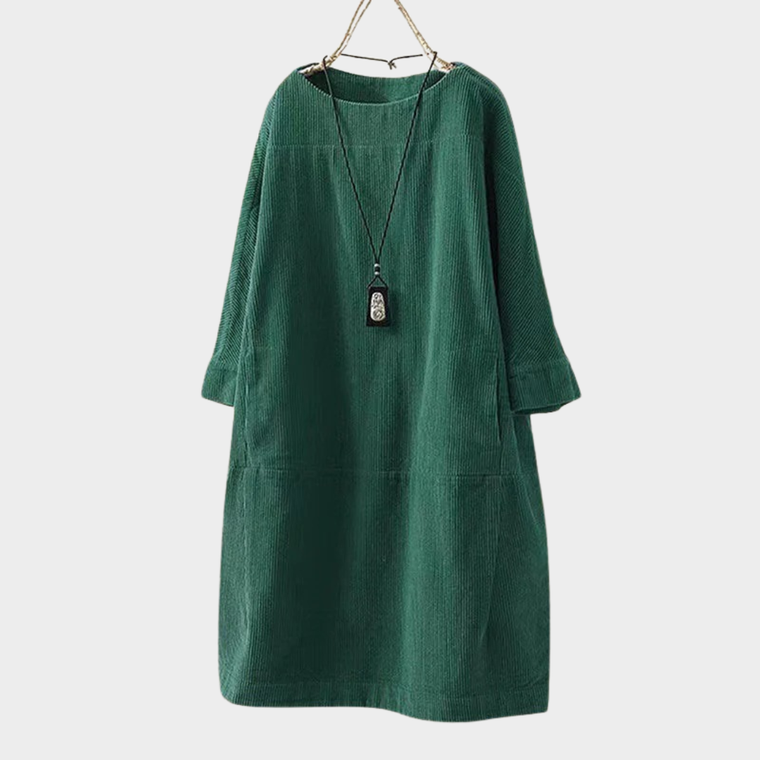Women Retro Corduroy Dress – Loose Fit Long Sleeve with Round Neck – Solid Colour Vintage Style Comfortable Elegance – Multiple Colours