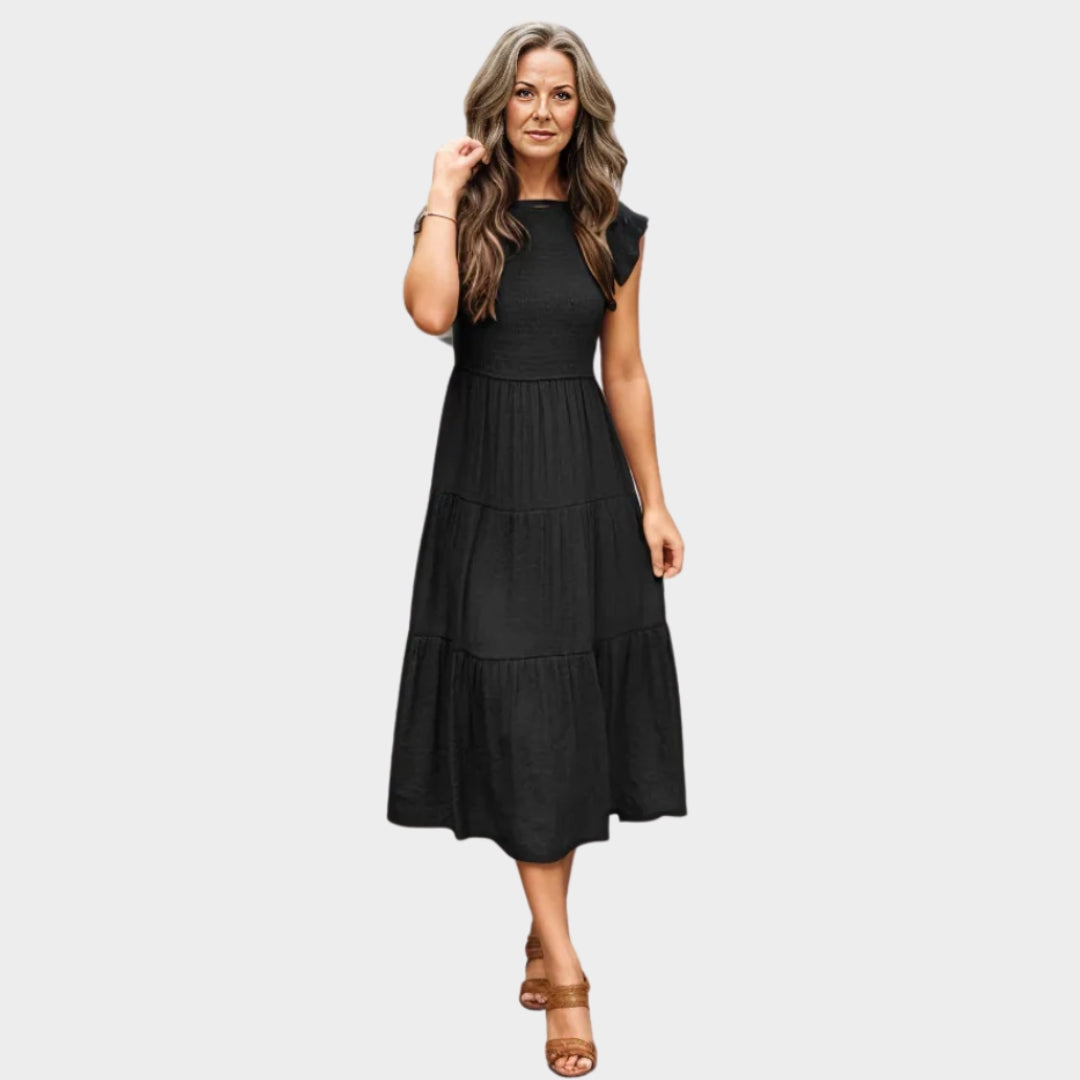 Sleeveless Women's Layered Midi Dress – Smocked Elastic Waist, Round Neckline, Summer Beach Style, Black, White, Green, Pink