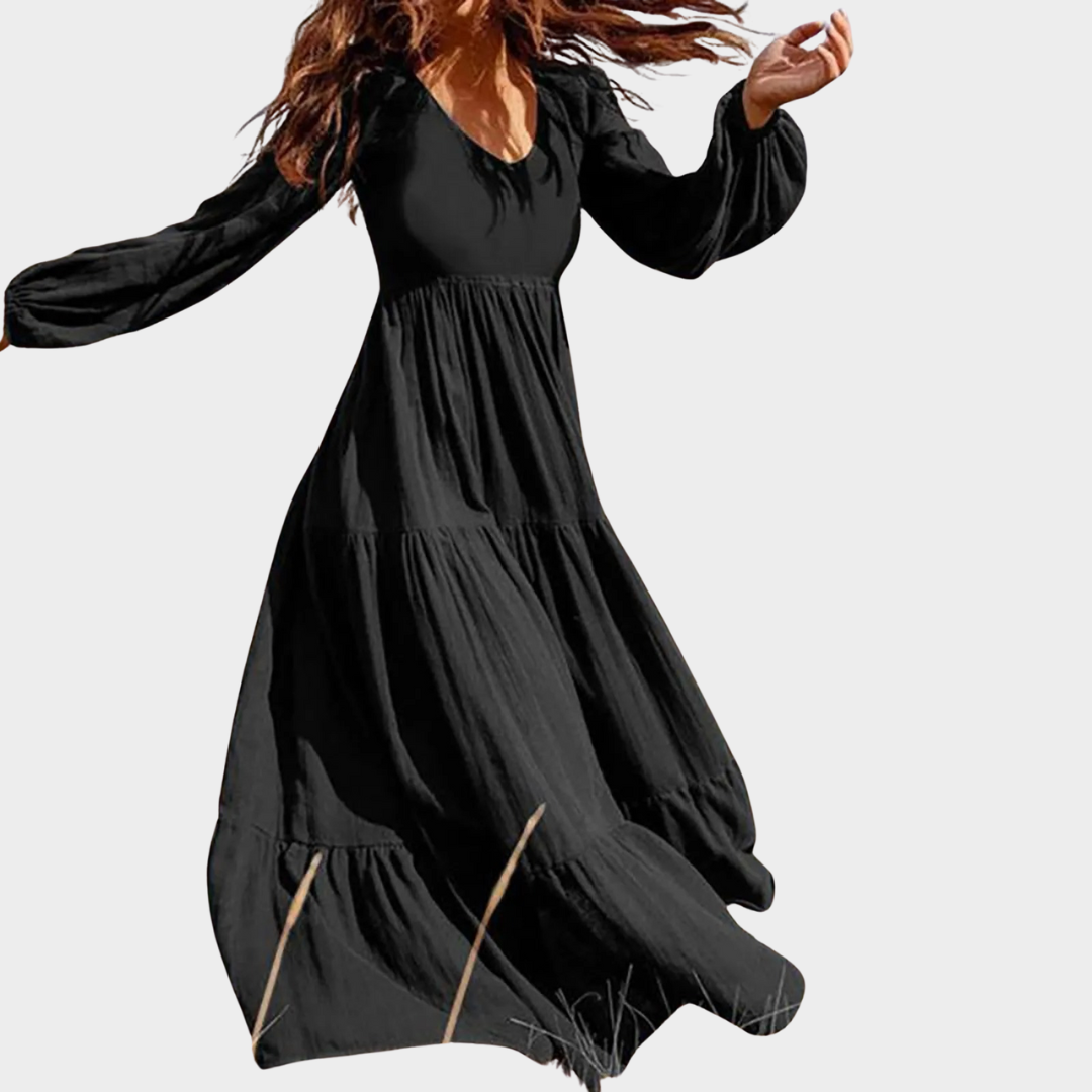 Women’s V-Neck A-Line Dress – Long Fit – Solid Colour – Casual Holiday Style – Lightweight Fabric – Multiple Colours