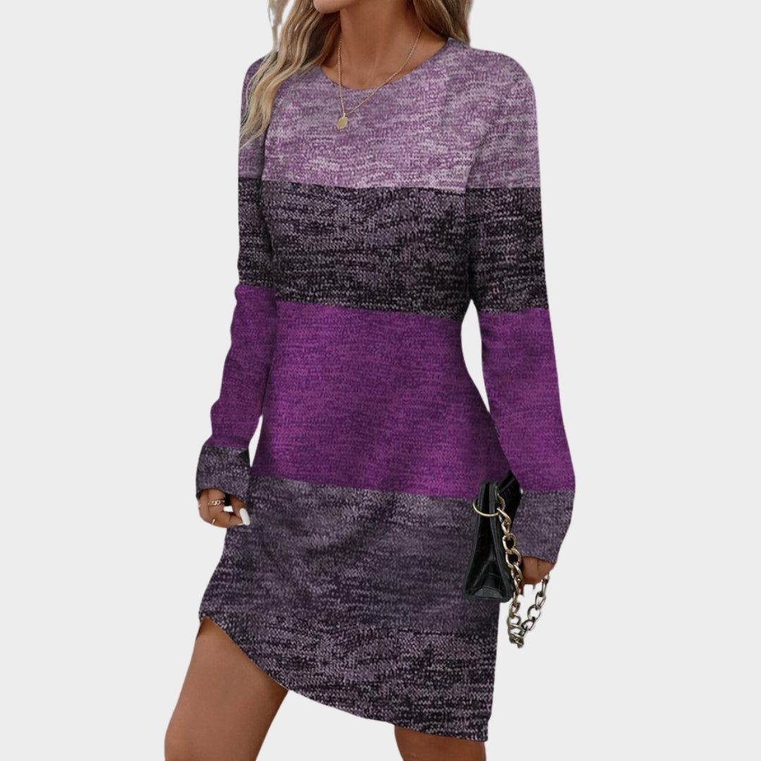 Women’s O Neck Long Sleeve Casual Dress – Knee Length, Printed, Office Style, Spring Autumn Wear