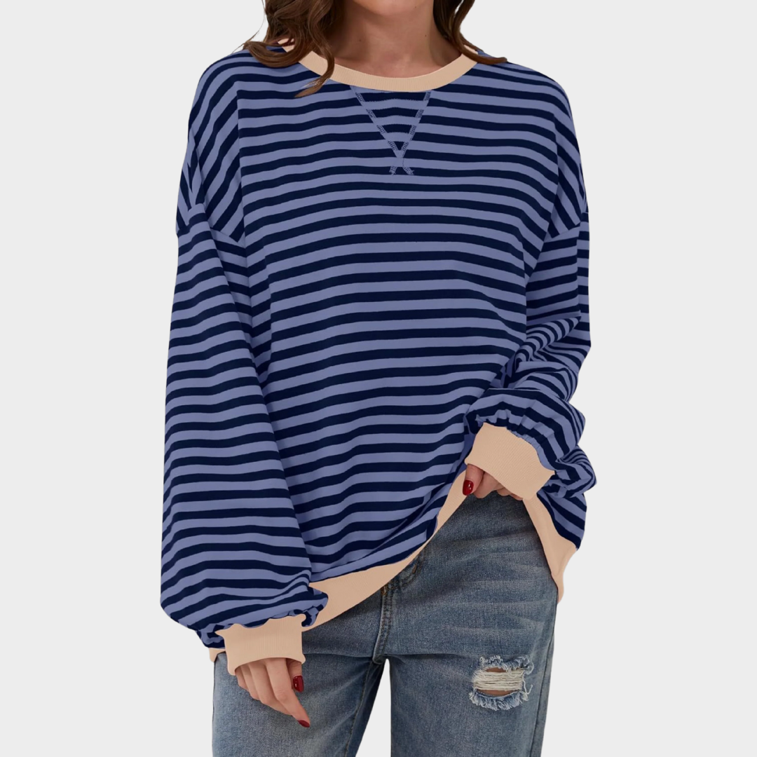 Women Casual Long Sleeve Sweatshirt – Round Neck Striped Pullover Top – Comfortable Knitwear – Multiple Colours
