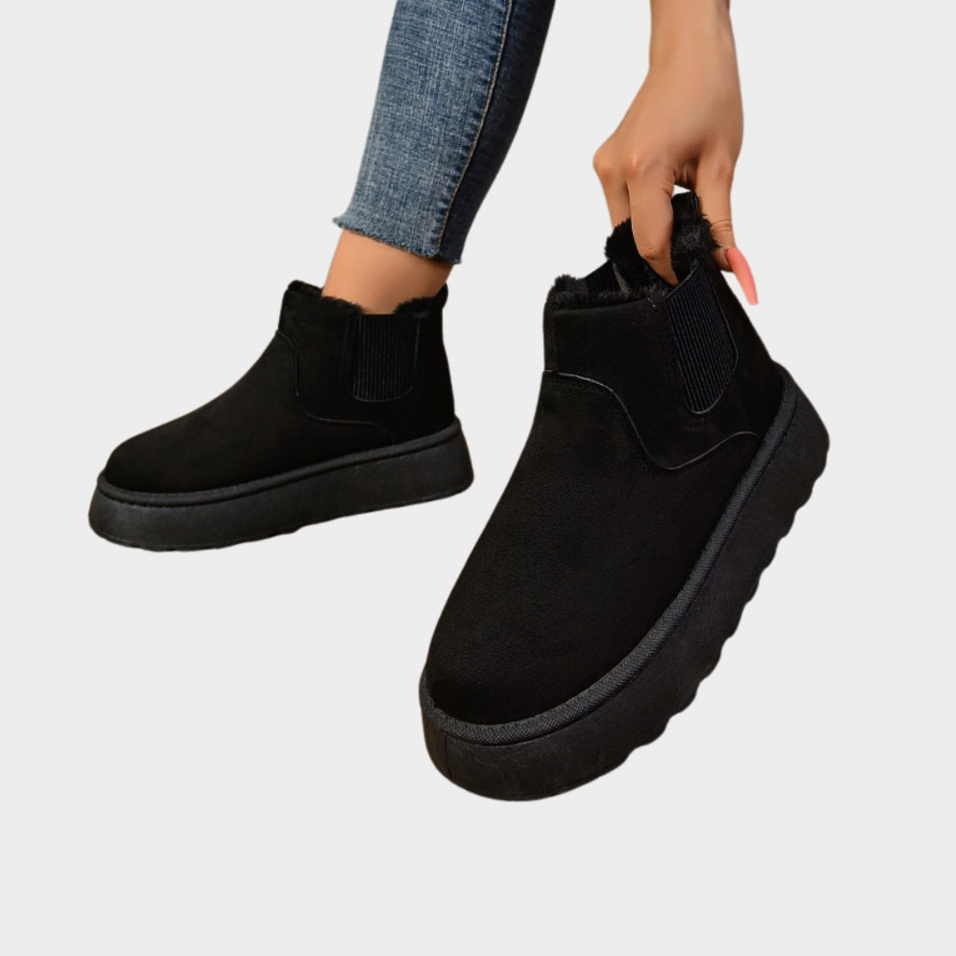 Women’s Short Plush Warm Chelsea Boots - Winter Suede Fur Ankle Platform Flats, Beige, Black,  and More