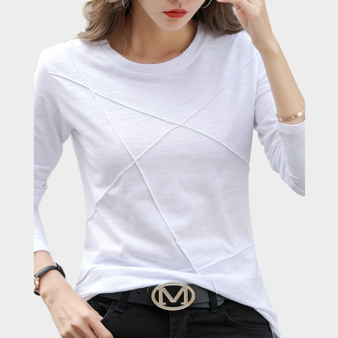 Women’s Long Sleeve T-shirt – O-neck, Loose Fit, Ribbed Bamboo Cotton, White, Blue, Green, Purple