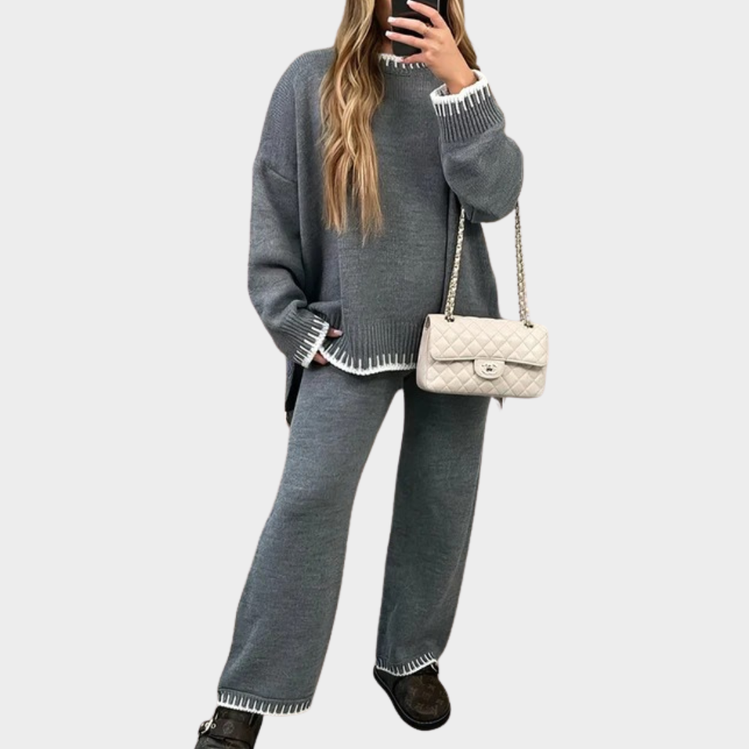 Women Tracksuit Set – Long Sleeve Knitted Sweatshirt and Matching Trousers – Comfortable Two Piece Lounge and Casual Wear – Multiple Colours