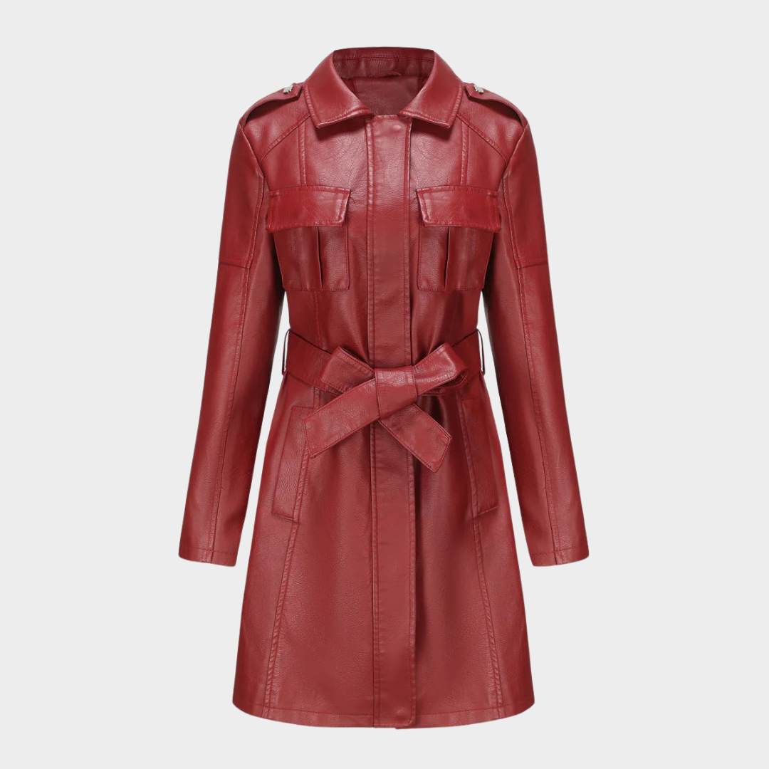 Women’s Faux Leather Trench Coat – Mid-Length Slim Fit Belted Jacket with Turn Down Collar – Multiple Colours