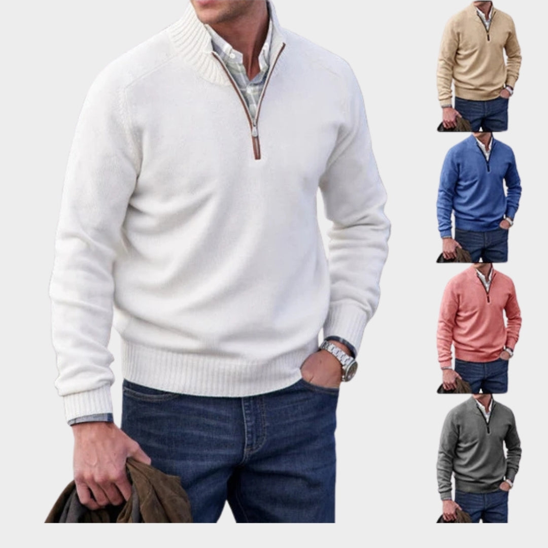 Men's Cashmere Zipper Sweater – Fleece Thick Half-Zip Turtleneck, Purple/White/Blue/and More